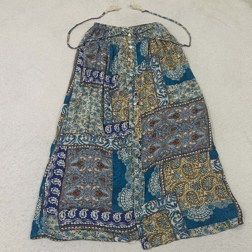 Christian Siriano Patchwork Paisley Midi Skirt Womens Blue Boho Button Front